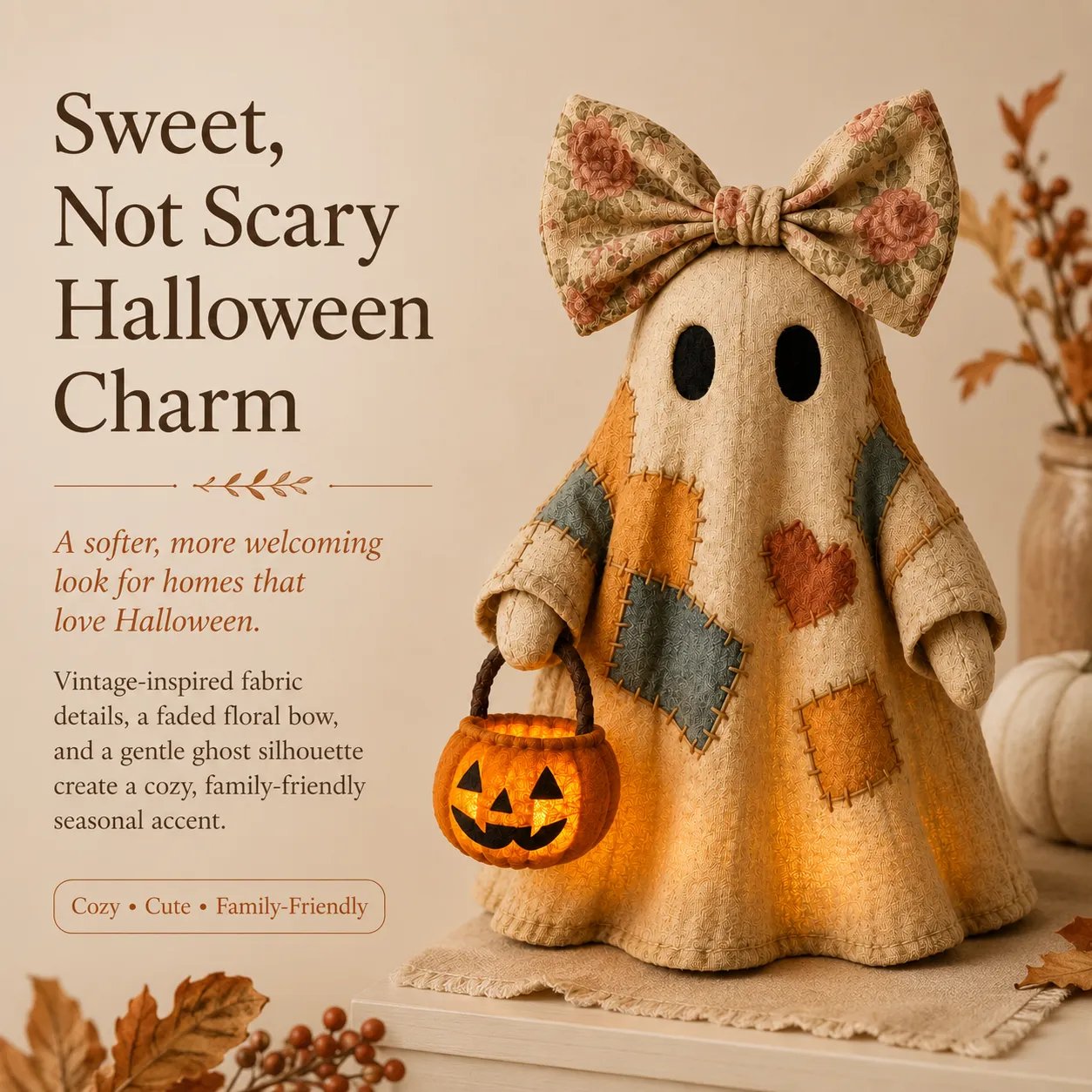 🍂 Vintage Patchwork Light-Up Ghost with Glowing Pumpkin Pail
