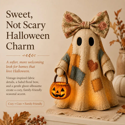 🍂 Vintage Patchwork Light-Up Ghost with Glowing Pumpkin Pail
