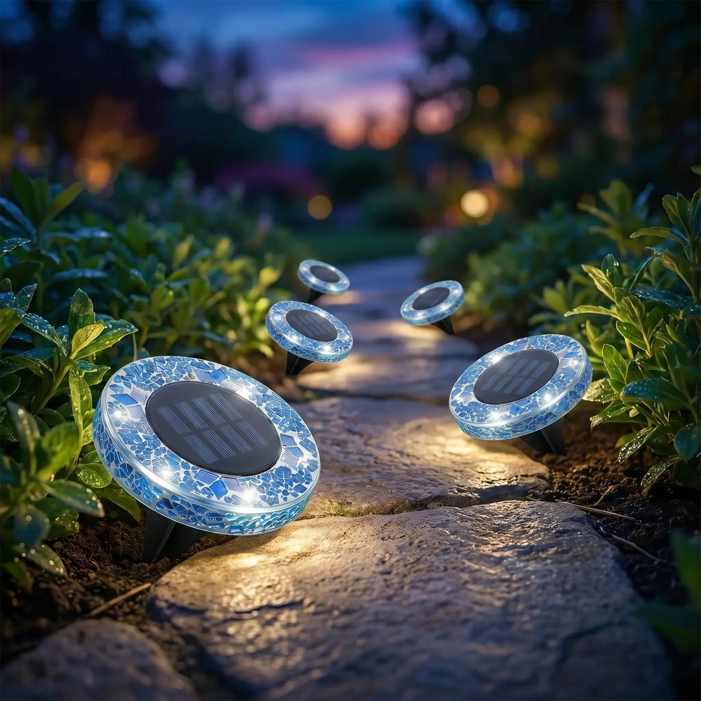 Mosaic Solar Disk Lights - Waterproof In-Ground Outdoor Garden Glass Decorative Lighting for Pathway, Yard, Patio & Walkway