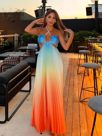 Free Shipping-Gradient Color Halter Neck Pleated Long Skirt Beach Holiday Dress