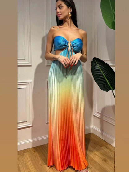 Free Shipping-Gradient Color Halter Neck Pleated Long Skirt Beach Holiday Dress