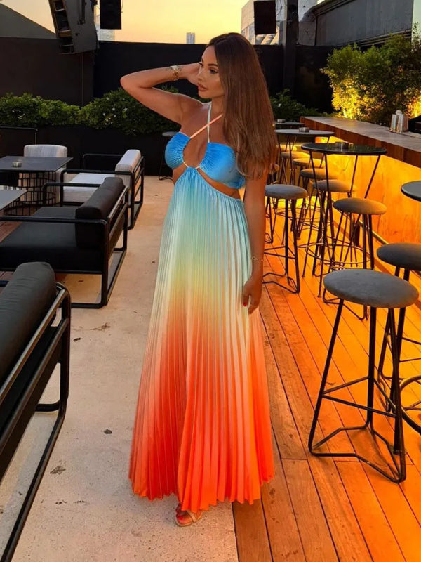 Free Shipping-Gradient Color Halter Neck Pleated Long Skirt Beach Holiday Dress