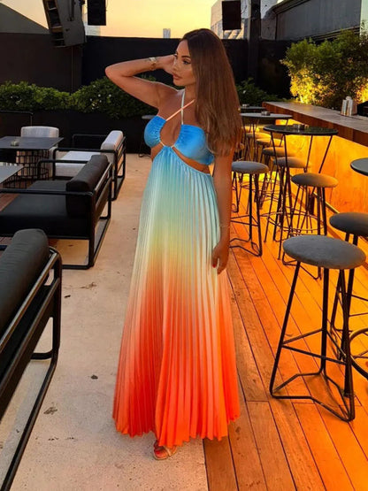 Free Shipping-Gradient Color Halter Neck Pleated Long Skirt Beach Holiday Dress