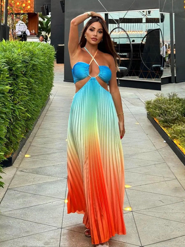 Free Shipping-Gradient Color Halter Neck Pleated Long Skirt Beach Holiday Dress