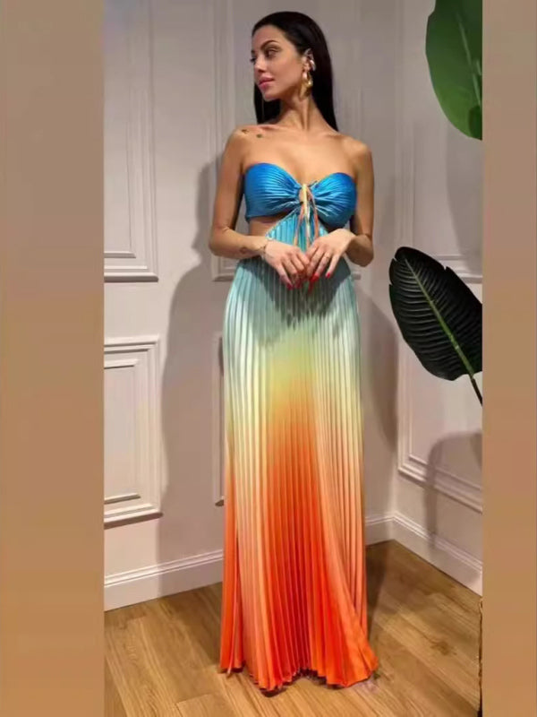 Free Shipping-Gradient Color Halter Neck Pleated Long Skirt Beach Holiday Dress