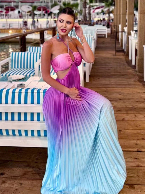 Free Shipping-Gradient Color Halter Neck Pleated Long Skirt Beach Holiday Dress