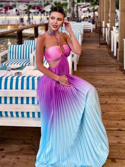 Free Shipping-Gradient Color Halter Neck Pleated Long Skirt Beach Holiday Dress