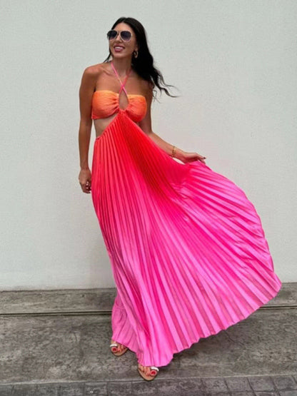Free Shipping-Gradient Color Halter Neck Pleated Long Skirt Beach Holiday Dress