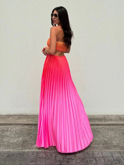 Free Shipping-Gradient Color Halter Neck Pleated Long Skirt Beach Holiday Dress