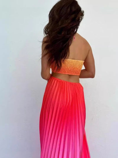 Free Shipping-Gradient Color Halter Neck Pleated Long Skirt Beach Holiday Dress