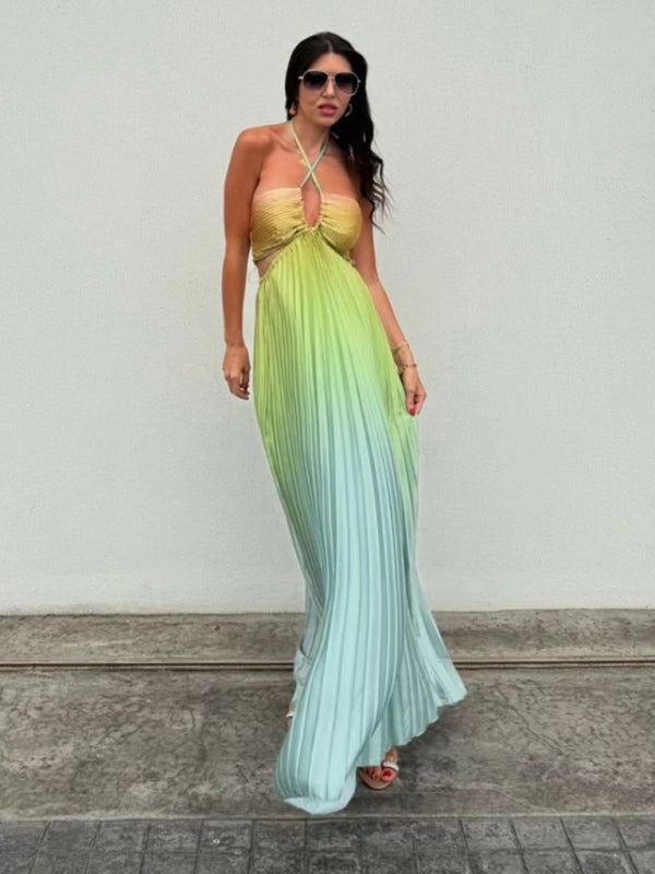 Free Shipping-Gradient Color Halter Neck Pleated Long Skirt Beach Holiday Dress
