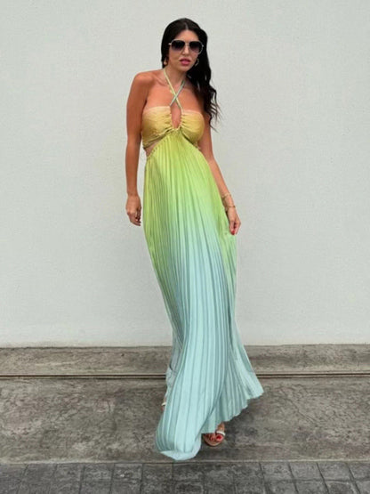 Free Shipping-Gradient Color Halter Neck Pleated Long Skirt Beach Holiday Dress