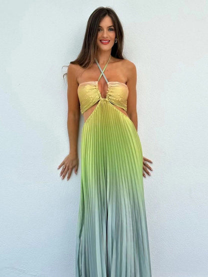 Free Shipping-Gradient Color Halter Neck Pleated Long Skirt Beach Holiday Dress