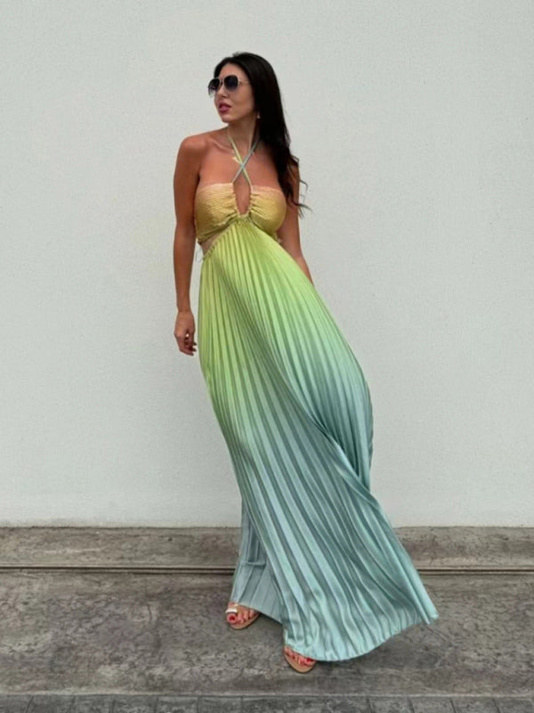 Free Shipping-Gradient Color Halter Neck Pleated Long Skirt Beach Holiday Dress