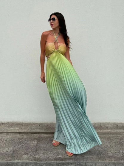 Free Shipping-Gradient Color Halter Neck Pleated Long Skirt Beach Holiday Dress