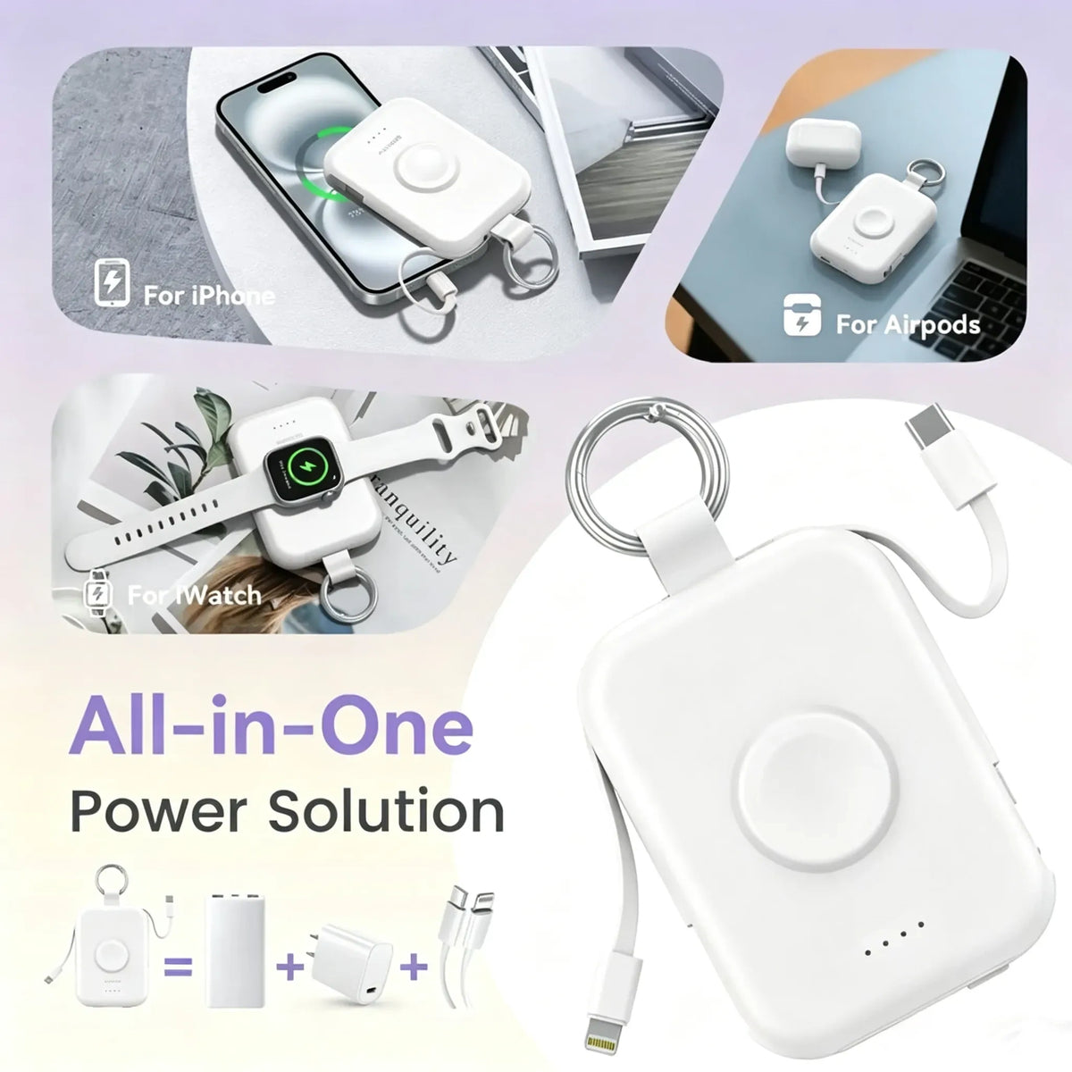 🔥10000mAh Portable Charger Power Bank with Built-in Cables Travel Keychain Battery Pack