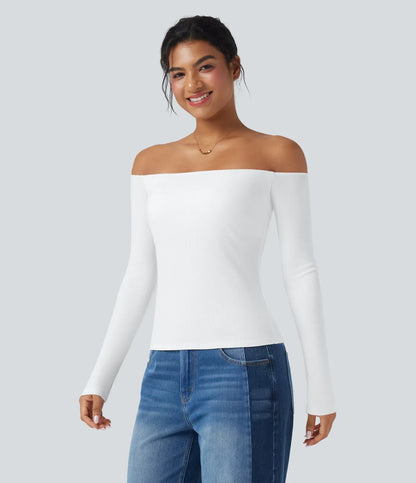 Ribbed Knit Off Shoulder Long Sleeve Women Built in bra Casual Crop Top