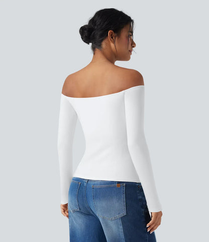 Ribbed Knit Off Shoulder Long Sleeve Women Built in bra Casual Crop Top