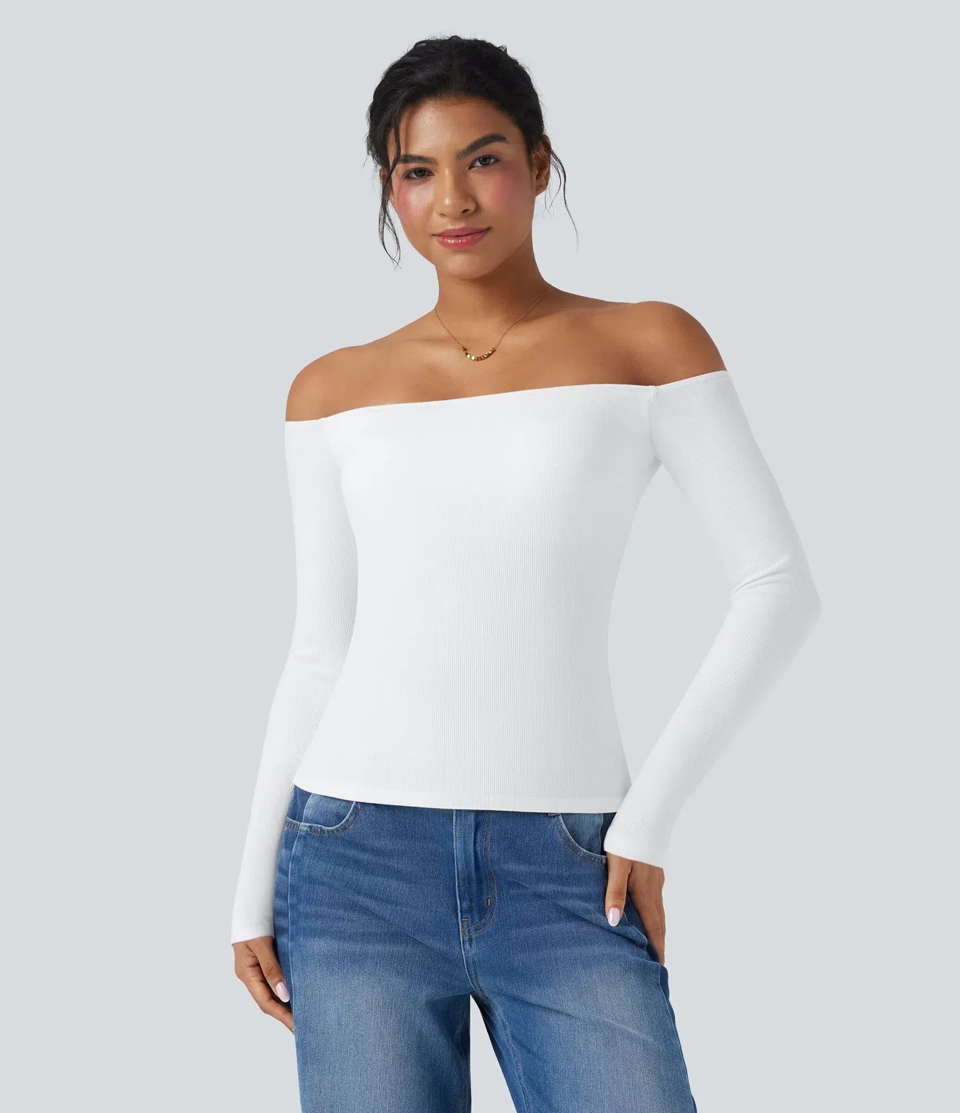 Ribbed Knit Off Shoulder Long Sleeve Women Built in bra Casual Crop Top