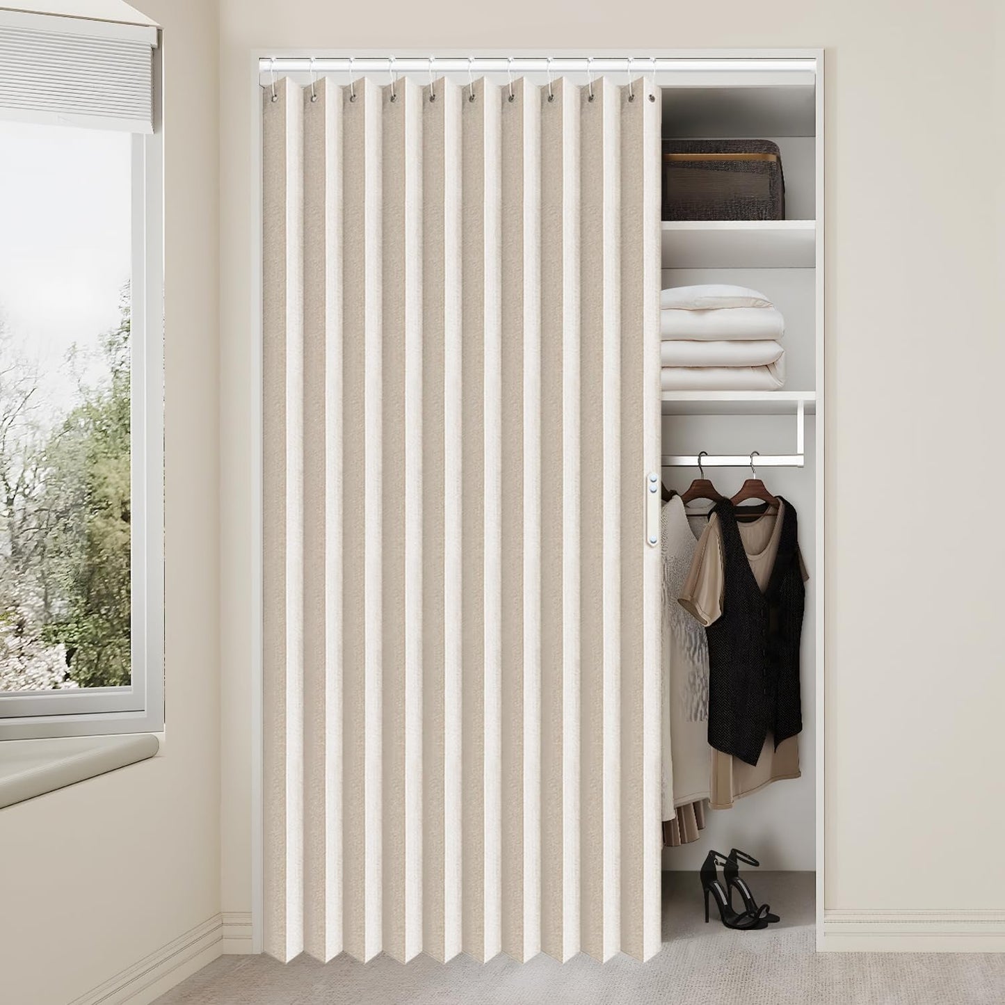 Room Partition Divider Curtains, Pleated Folding Door Curtain for Doorways