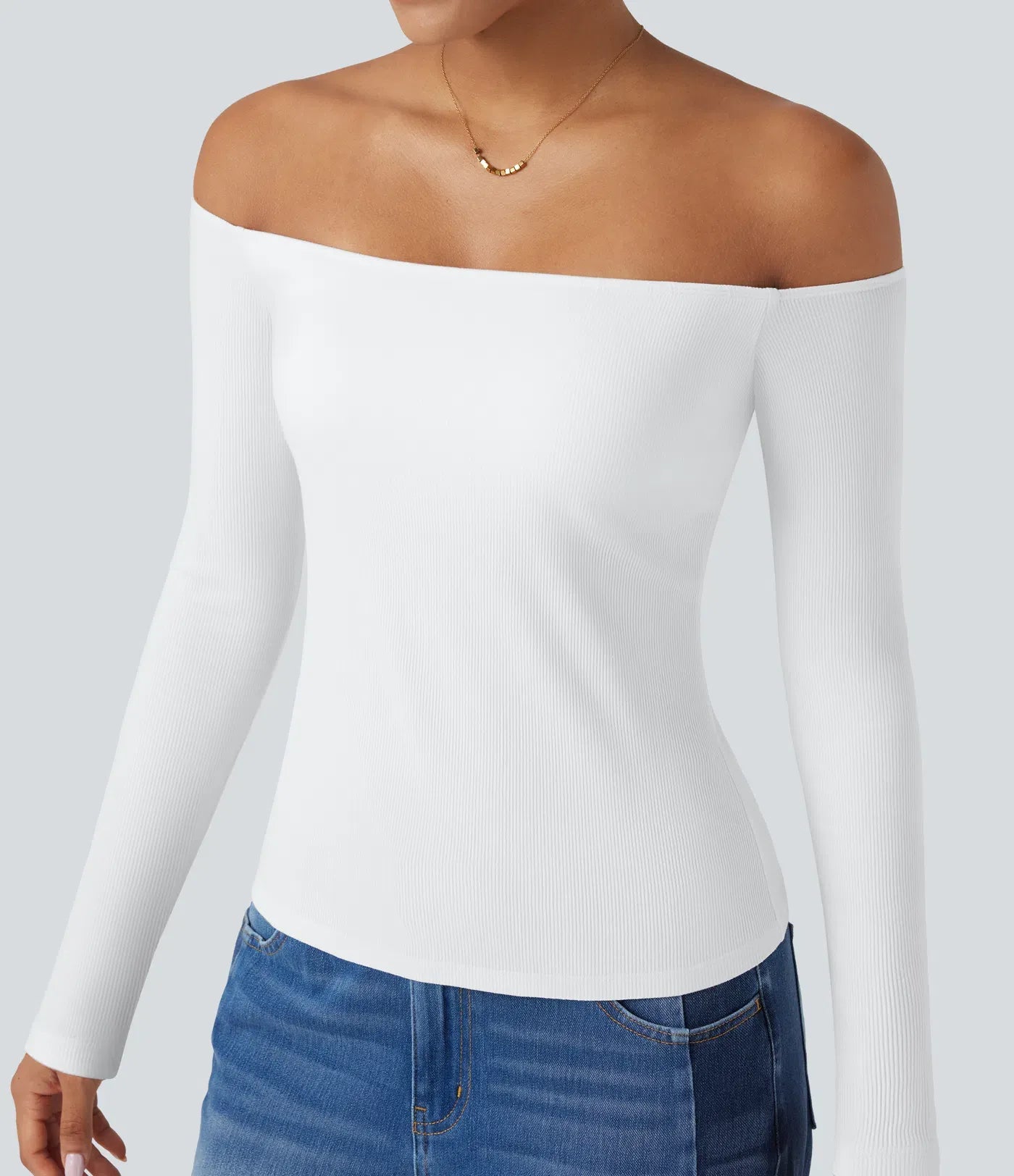 Ribbed Knit Off Shoulder Long Sleeve Women Built in bra Casual Crop Top