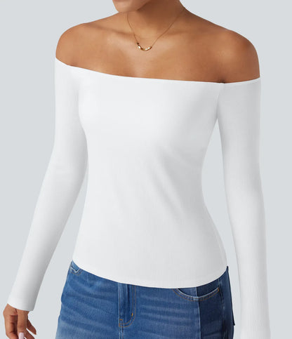 Ribbed Knit Off Shoulder Long Sleeve Women Built in bra Casual Crop Top