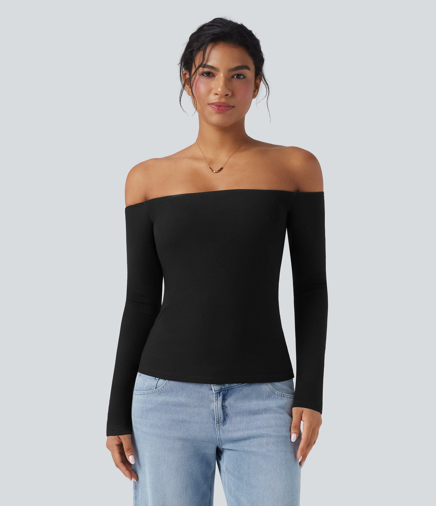 Ribbed Knit Off Shoulder Long Sleeve Women Built in bra Casual Crop Top