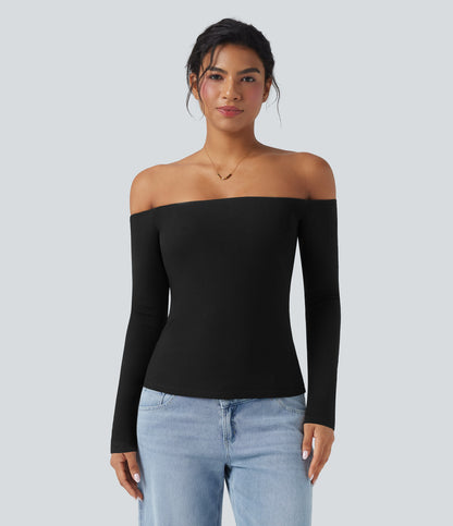 Ribbed Knit Off Shoulder Long Sleeve Women Built in bra Casual Crop Top