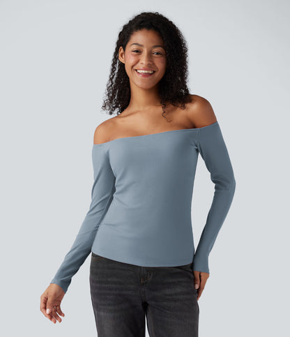 Ribbed Knit Off Shoulder Long Sleeve Women Built in bra Casual Crop Top