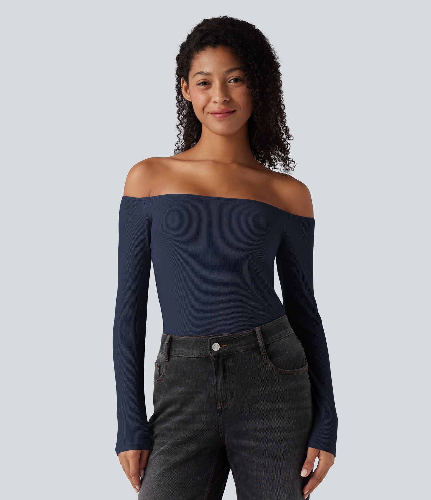 Ribbed Knit Off Shoulder Long Sleeve Women Built in bra Casual Crop Top
