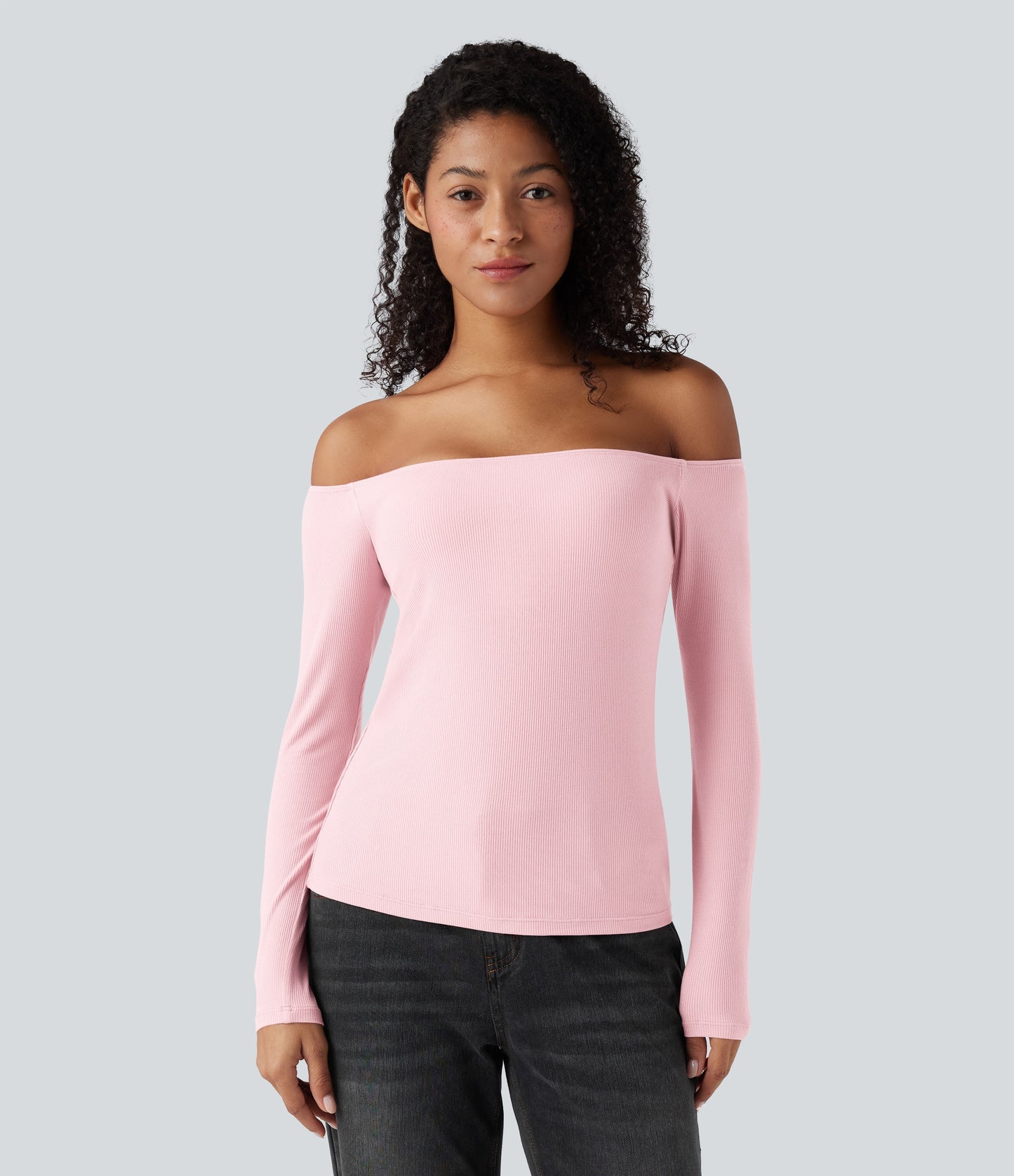 Ribbed Knit Off Shoulder Long Sleeve Women Built in bra Casual Crop Top