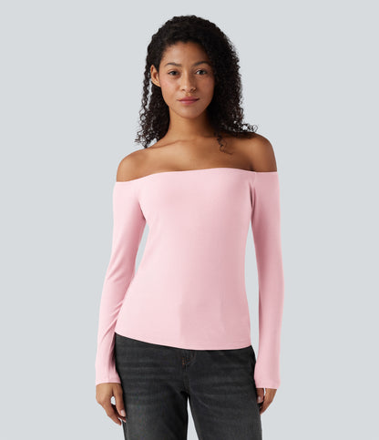 Ribbed Knit Off Shoulder Long Sleeve Women Built in bra Casual Crop Top