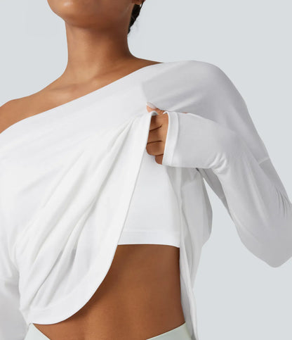 Ribbed Knit Off Shoulder Long Sleeve Women Built in bra Casual Crop Top