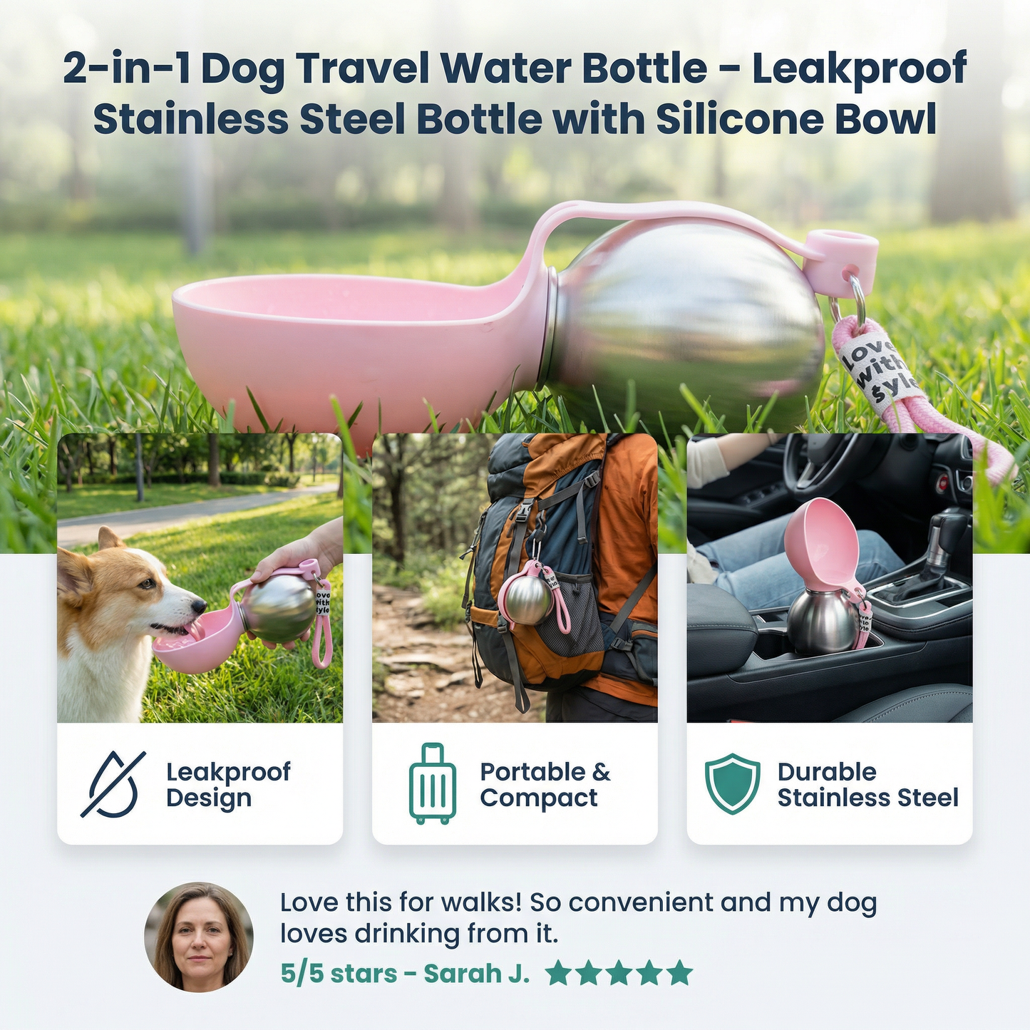 2-in-1 Dog Travel Water Bottle – Leakproof Stainless Steel Bottle with Silicone Bowl