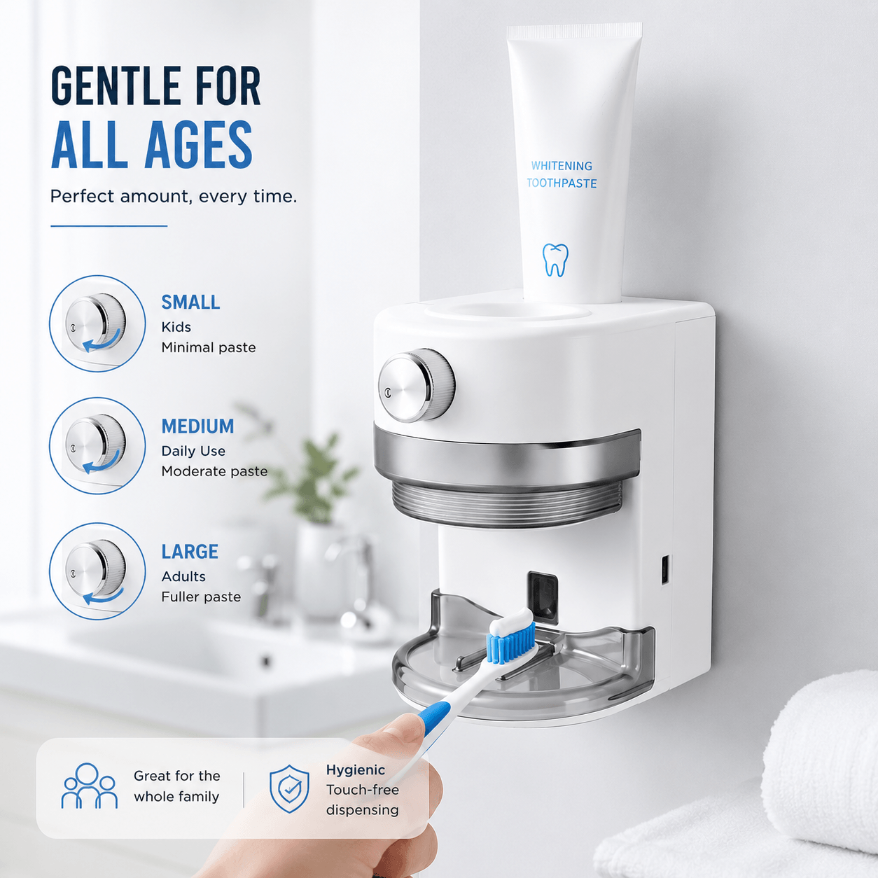 LaserGlow automatic toothpaste dispenser with 3 dispensing modes for kids and adults