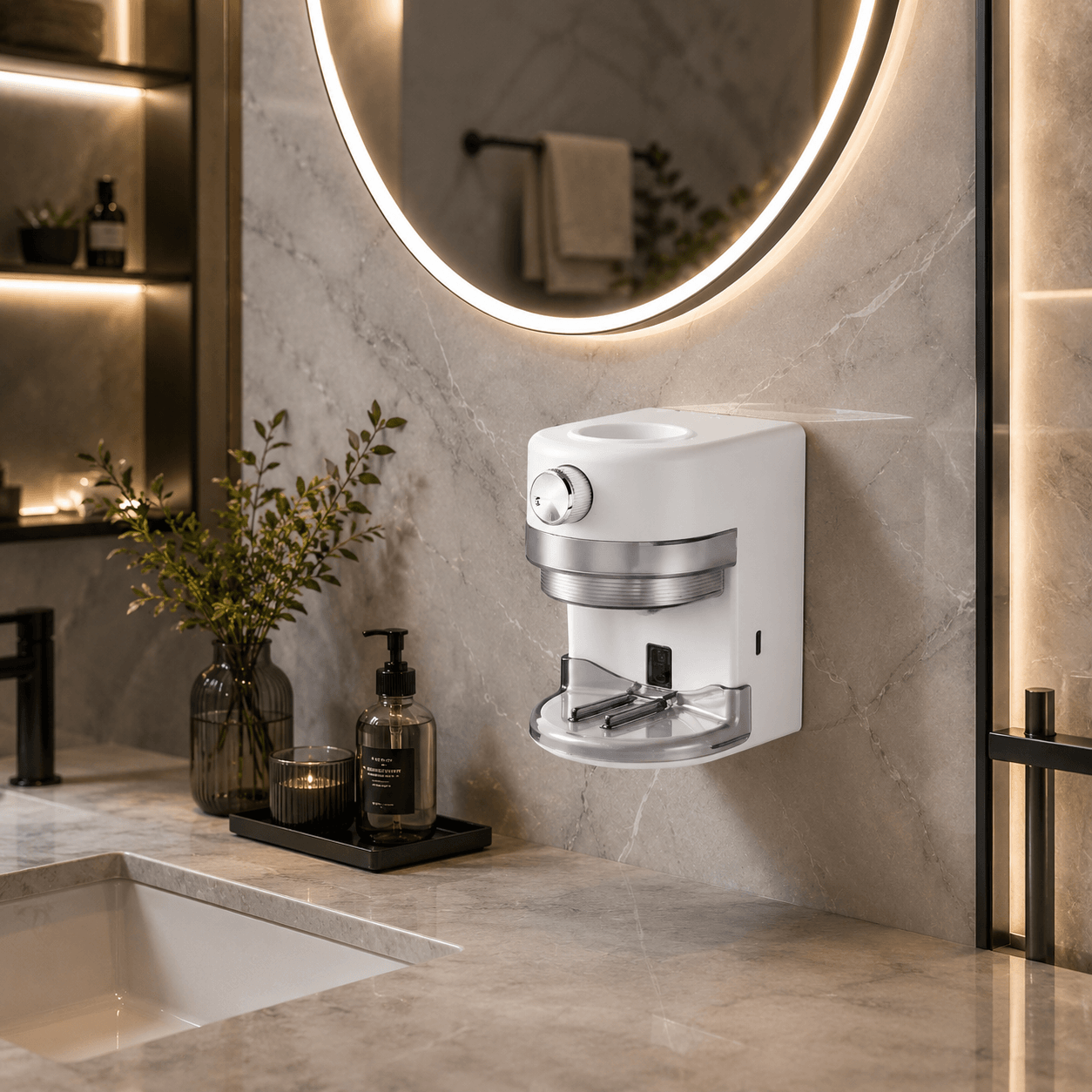 LaserGlow automatic toothpaste dispenser mounted in a bathroom