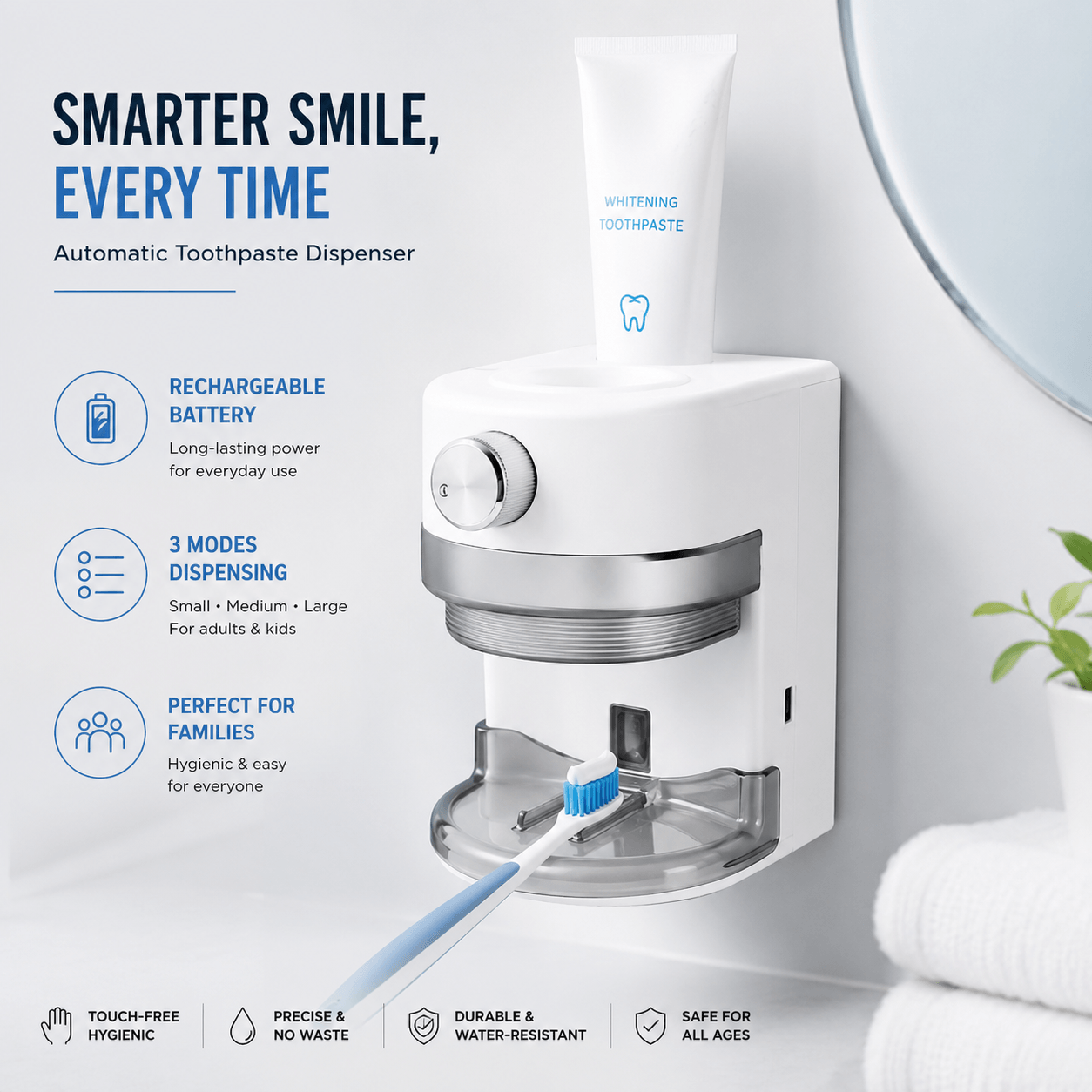LaserGlow automatic toothpaste dispenser with rechargeable battery, 3 dispensing modes, touch-free