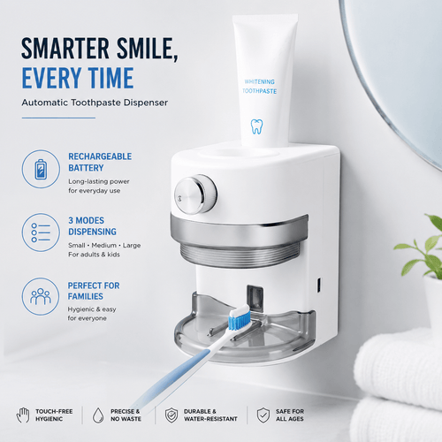 LaserGlow automatic toothpaste dispenser with rechargeable battery, 3 dispensing modes, touch-free