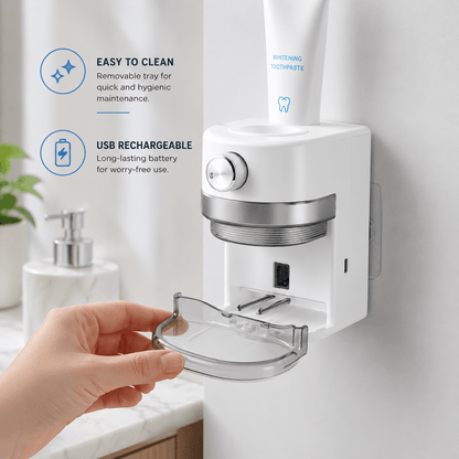 LaserGlow automatic toothpaste dispenser with removable tray for easy cleaning, USB rechargeable