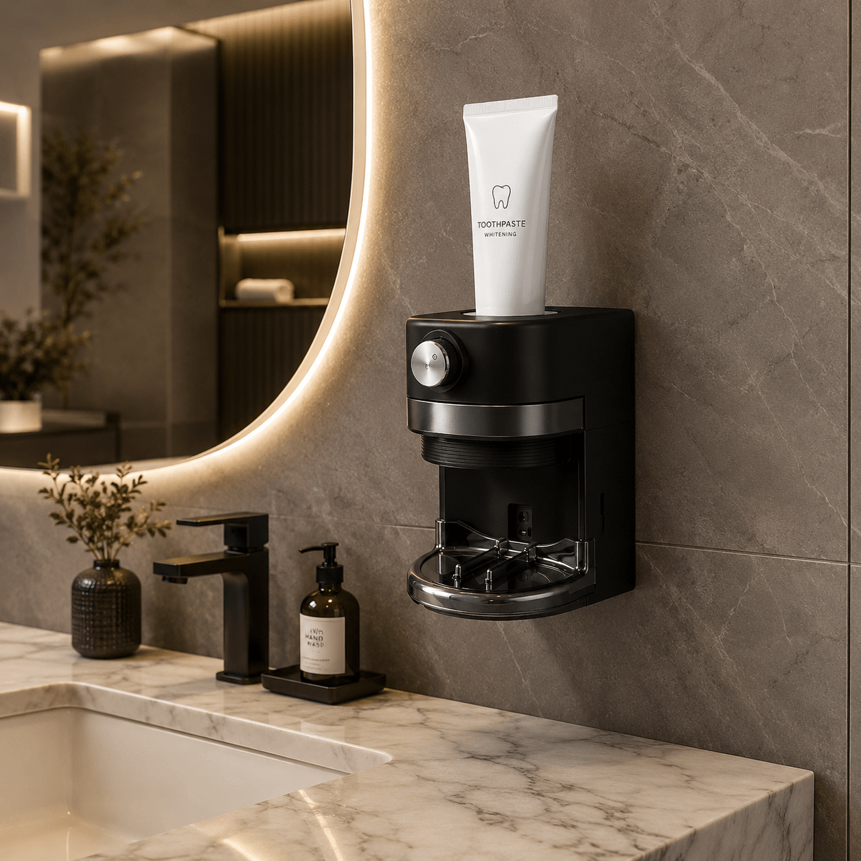 LaserGlow satin black automatic toothpaste dispenser mounted in a luxury bathroom with marble