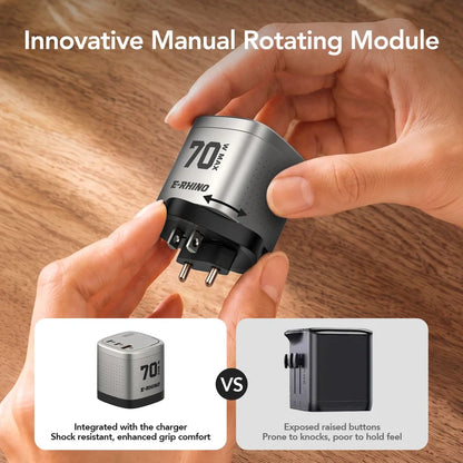 Global Travel Charger (70W, 3-Port, GaN, Integrated Rotary Plug)