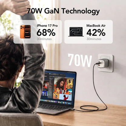 Global Travel Charger (70W, 3-Port, GaN, Integrated Rotary Plug)