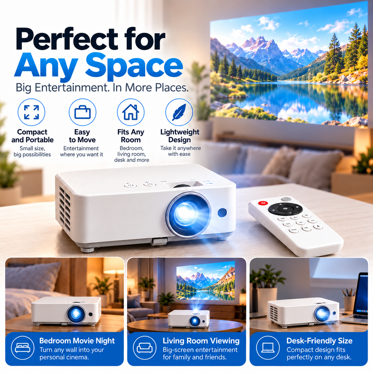 Compact projector in bedroom, living room and desk settings