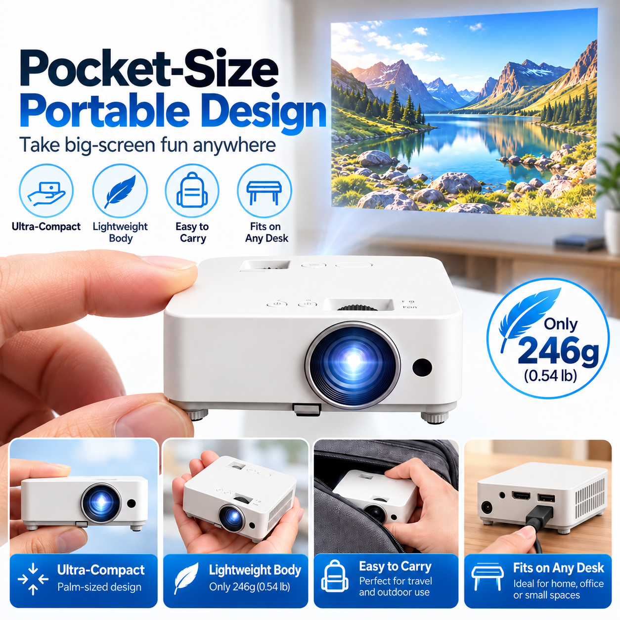 Portable projector weight and compact carry design