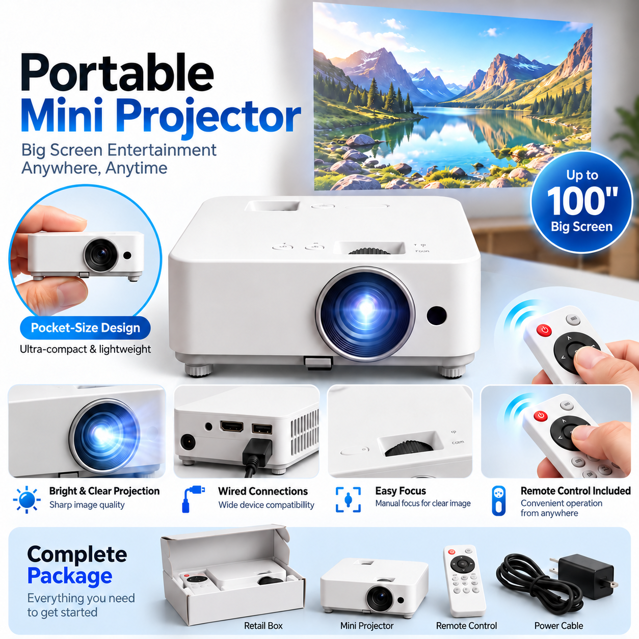 Portable mini projector overview with remote and connection details