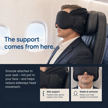 Man sleeping upright on a plane – Snoozle attaches to the headrest and supports the head from the sides