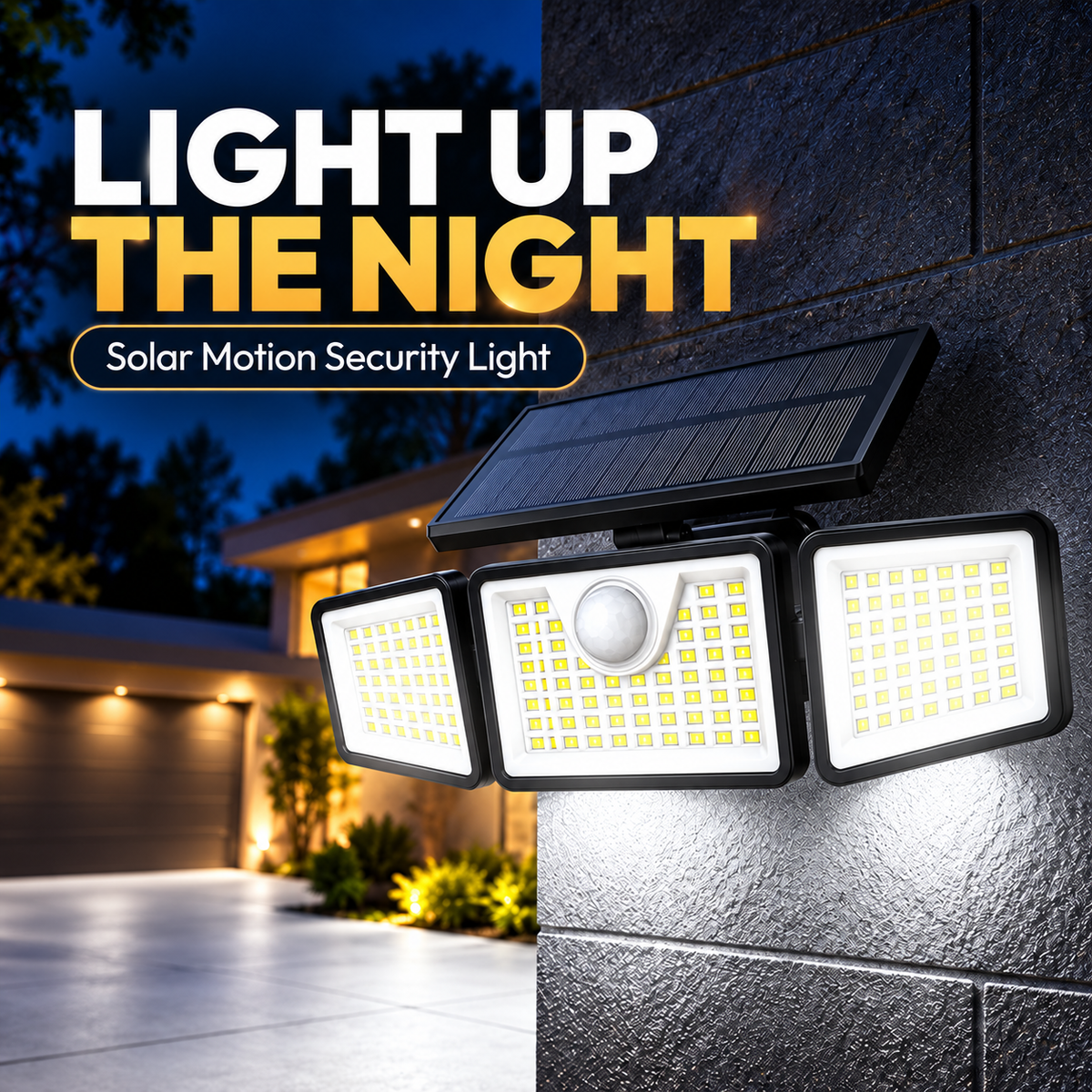 Neutral white three-head solar motion light on wall at night