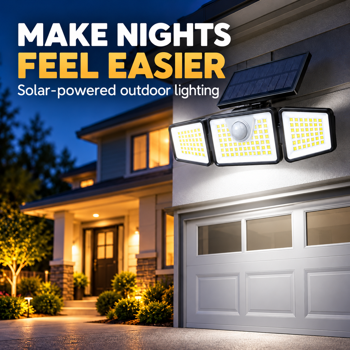 Neutral white solar light above garage at dusk
