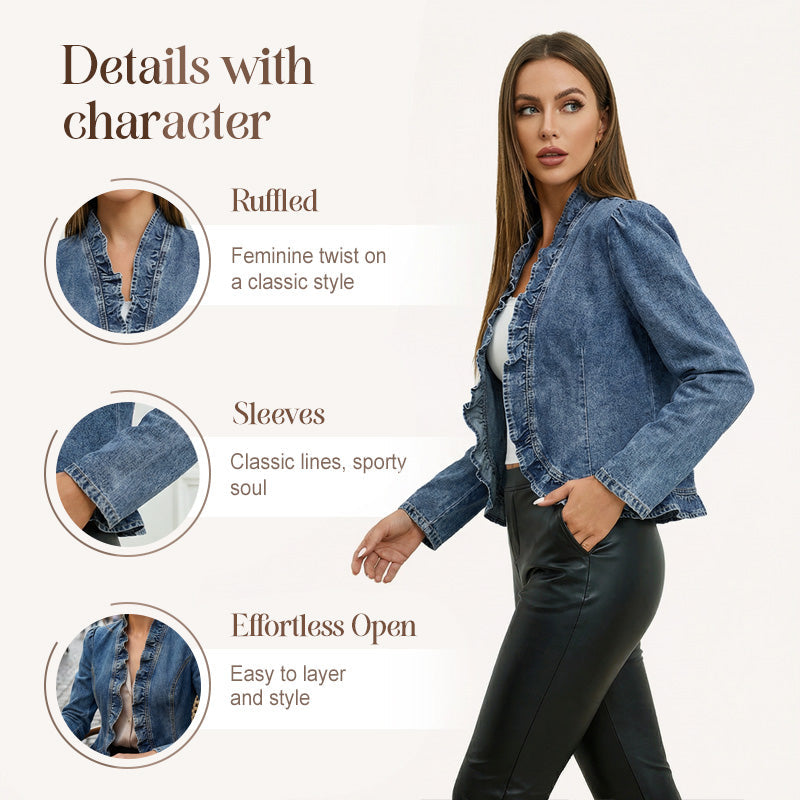 ✨ Women's Denim Jacket – Open-Front, Ruffle Trim, Lightweight, Classic Wash ✨