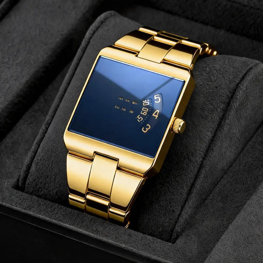 ⌚50% OFF NOW✨Men's Square Face Quartz Watch – Gold Stainless Steel Band Unique Dial Design, Business Casual Fashion Wristwatch